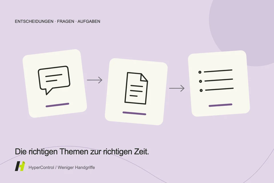 Eine Illustration von Nachrichten und Dokumenten, die in eine Agenda mit Entscheidungen zu treffen organisiert sind.