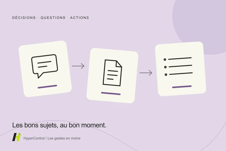Illustration de messages et de documents organisés en ordre du jour avec décisions à prendre.