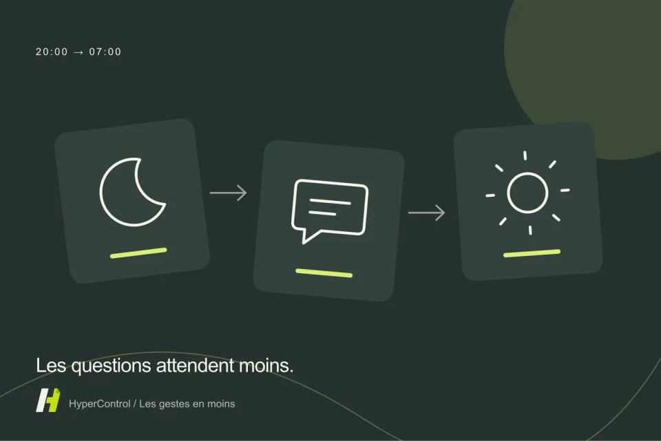 Illustration d’une plage nocturne reliée à des messages clients et à un bilan du matin.